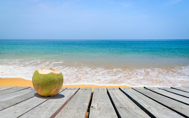 Beautiful beach, tropical sea and wooden walkway in Phuket, Thailand.