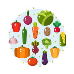 Vector collection of fresh healthy vegetables made in flat style. Healthy lifestyle or diet design element