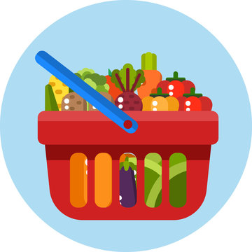 Red shopping basket with vegetables. Shopping basket withvegetables. Vector flat design illustration