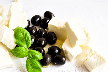 Fresh black olives and feta cheese.