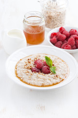 plate of oatmeal with fresh raspberries and honey, vertical