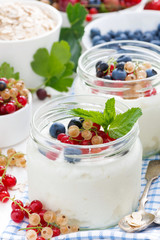 yogurt with berries and products for healthy breakfast close-up