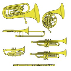 2d cartoon illustraion of brass musical instruments