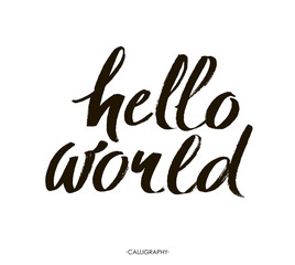 Fototapeta na wymiar Hello world. Modern calligraphy text, handwritten with brush and black ink, isolated on white background. Vector. Brush lettering composition.