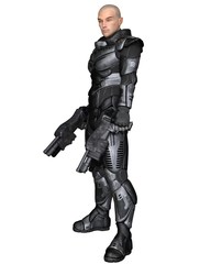 Science fiction illustration of a male future soldier in protective armoured space suit, standing holding pistols, 3d digitally rendered illustration © Algol