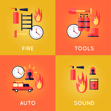 Firefighter, fire, call the fire brigade, fire extinguishing, firefighting tools. Fire truck with alarm signal. Flat style vector illustration.