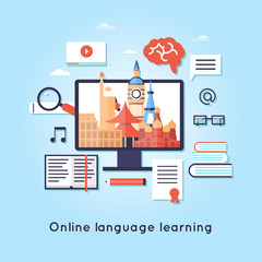 On-line Training Courses. Foreign language education online, internet lessons, language school. English. Flat design vector