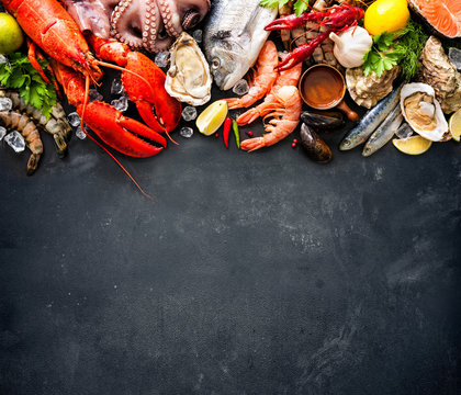 Shellfish plate of crustacean seafood with fresh lobster, mussels, oysters as an ocean gourmet dinner background