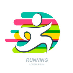 Abstract running man silhouette on striped background. Vector human logo, emblem, icon, label design elements. Concept for sports club, fitness, competition, marathon and healthy lifestyle.