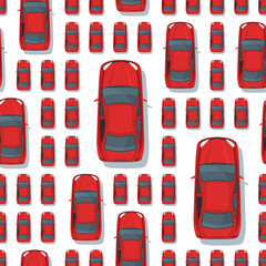 Vector seamless pattern with multi sized red cars. Top view isolated car icons. Street traffic, parking, transport or car repair service concept. Design for print, wrapping, web backgrounds.