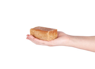 female hand holding a soap