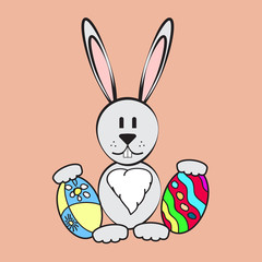 Gray easter rabbit. Easter Bunny with two easter eggs.
