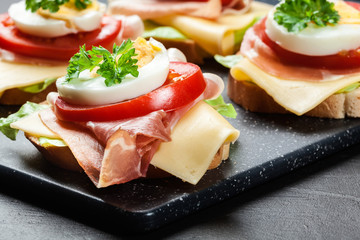 Delicious sandwich with prosciutto ham, cheese, tomato and egg