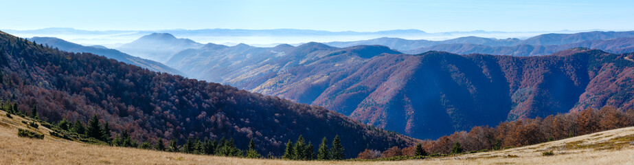 Fototapeta premium Fog in autumn Carpathian. Mountain panorama.