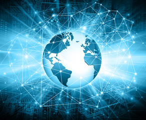 Best Internet Concept of global business. Globe, glowing lines on technological background. Electronics, Wi-Fi, rays, symbols Internet, television, mobile and satellite communications