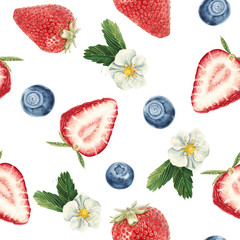 Watercolor strawberry and blueberry pattern