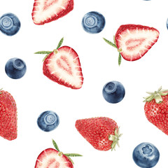 Watercolor strawberry and blueberry pattern