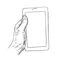 Sketch of human male hand holding a tablet screen