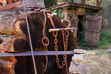 Antique Logging tools at Sturgeon's Mill on a Redwood Log, Sebastopol, California, USA. 