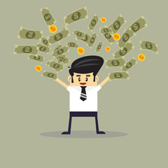 Success concept.Young businessman throwing money up.