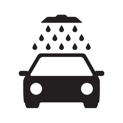 Car wash icon or sign with shower and water drops. Black vehicle isolated on white background. Vector illustration.