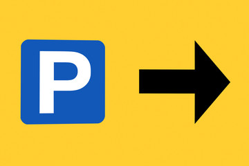 Yellow parking right sign with black arrow and white capital P on blue background