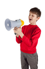 Young boy holding loudspeaker in his hands. Isolated