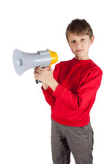 kid in red pullover holding loudspeaker. Isolated