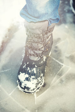 winter shoes in snow, close-up