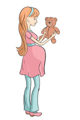  Pregnant young woman chooses toy for your baby.