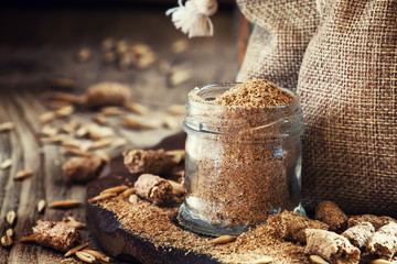 Healthy eating concept: oat bran, oat grain, ground oats, vintag