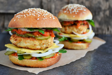 Homemade burger with cheese, meatballs and sauce