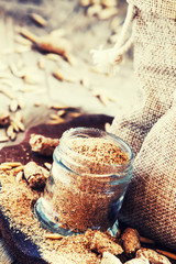 Healthy eating concept: oat bran, oat grain, ground oats, vintag