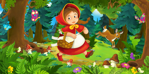 Cartoon scene on a happy girl walking through the forest - illustration for children © agaes8080