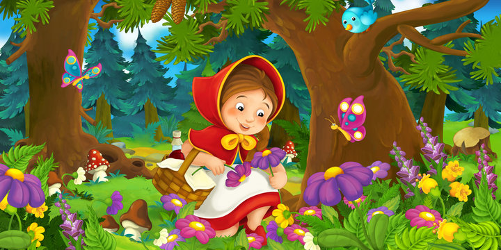 Cartoon scene on a happy girl inside colorful forest - illustration for children