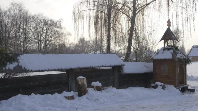 Courtyard Entrance Arch Fir Branches Wooden Church Winter Church of Paraskeva the Holy Martyr in Pirogovo Ukrainian Sacral Architecture Baroque Style