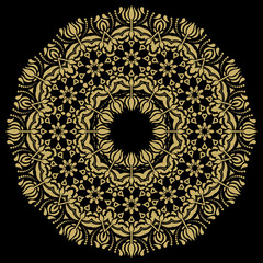 Oriental pattern with arabesques and floral elements. Traditional classic black and golden round ornament