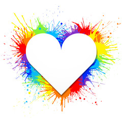 Heart shaped white banner on rainbow paint splashes background. Vector illustration.