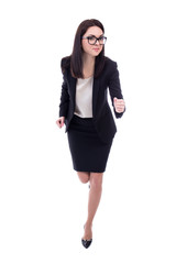 running young woman in business suit isolated on white