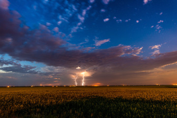 Lightning in a field at night