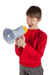 Child shouting in megaphone isolated on white