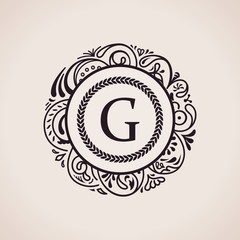 Calligraphic floral baroque monogram. Emblem letter G