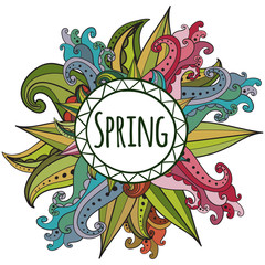 Floral vector card with colorful flowers and frame. 