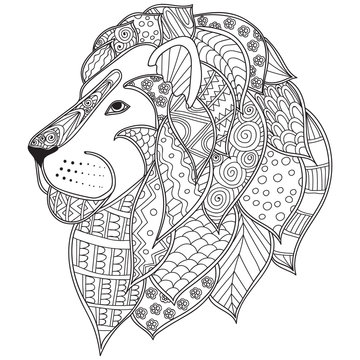 Hand drawn ornamental outline lion head illustration decorated with abstract doodles