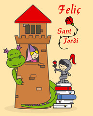 princess, knight and dragon. Catalonia traditional celebration. Sant Jordi