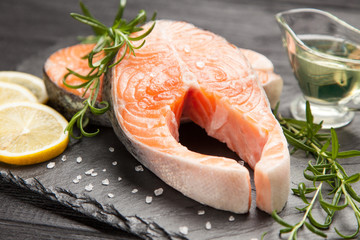 Fresh salmon on old wood