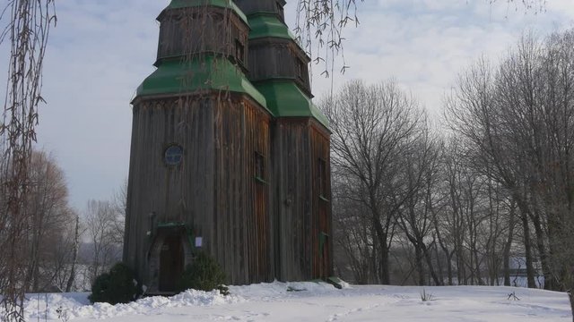 Wooden Church Panorama Green Roofs Bell Towers Winter Blue Sky Church of Paraskeva the Holy Martyr in Pirogovo Ukrainian Sacral Architecture Baroque Style