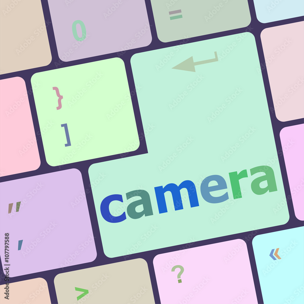 Poster camera word on keyboard key, notebook computer button vector illustration