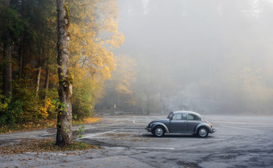 Autumn park in the town of Fussen and a single car in the parking lot Fussen, Germany