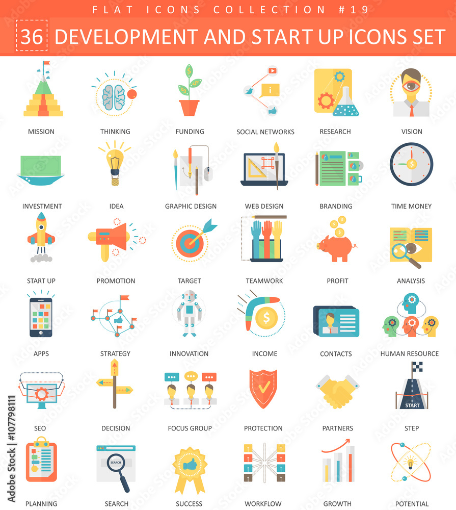 Aufkleber Vector startup and development flat icon set. Elegant style design.